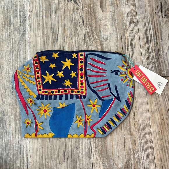 east end press Handbags - East End Press Elephant Fabric Case Hand Printed Sewn Artistic Pouch Bright